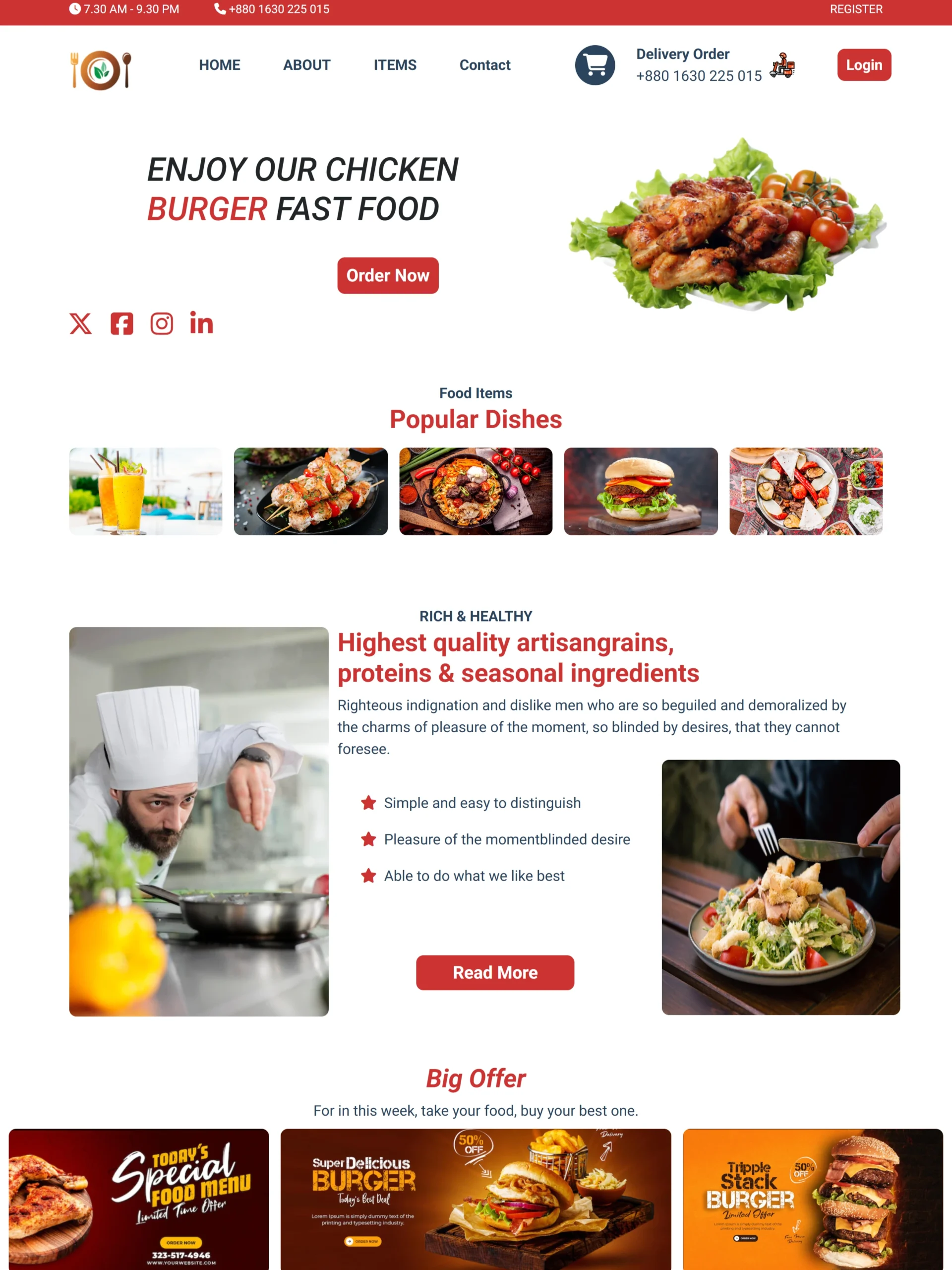 Responsive restaurant website featuring menu, gallery, testimonials and booking sections